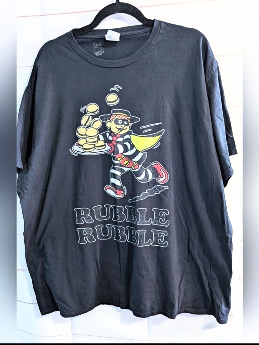 RARE Mc Donalds 😮 Retro Graphic 'Rubble Rubble' Burger Thief Tee Size 2XL